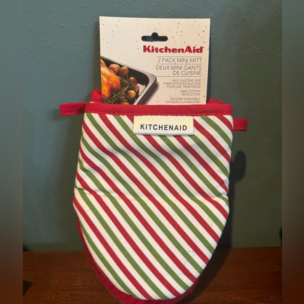 NWT Kitchenaid Red Green Striped Cotton 2 Pack Mini Mitt Oven Mitts